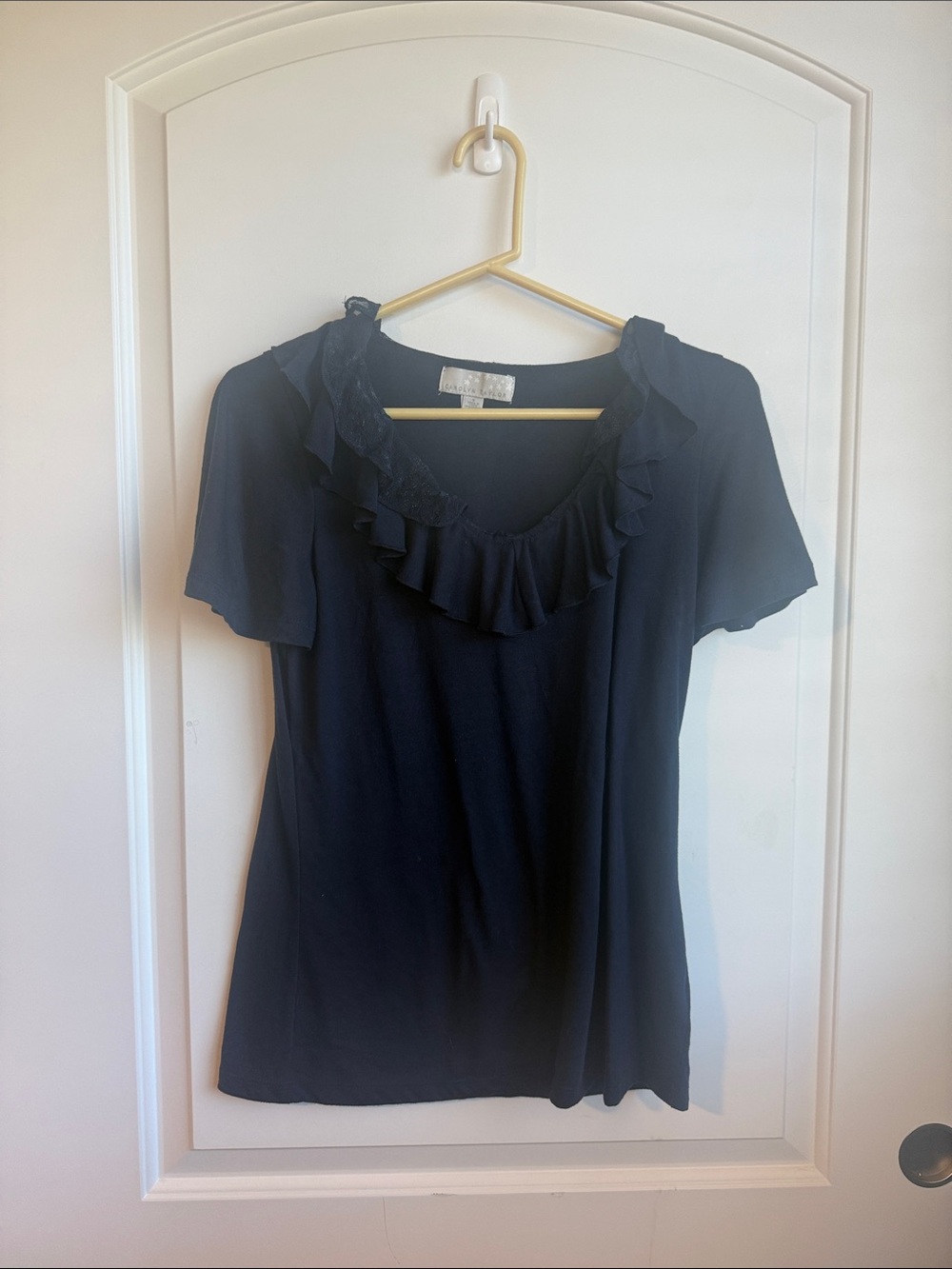 Carolyn Taylor Navy Ruffle Scoop Neck Blouse